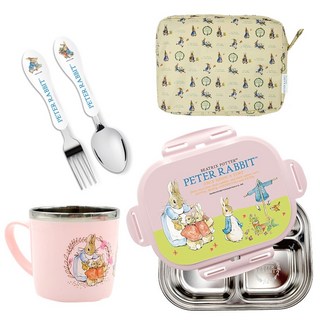 피터래빗 어린이 식기 6종 세트, 핑크, 손잡이 컵 + 뚜껑 + 스텐 식판 + 스푼 + 포크 + 방수 가방, 1개