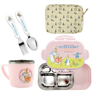 피터래빗 어린이 식기 7종 세트, 핑크, 손잡이 컵 + 뚜껑 + 스텐 식판 + 안전 밑판 + 스푼 + 포크 + 방수 가방, 1개