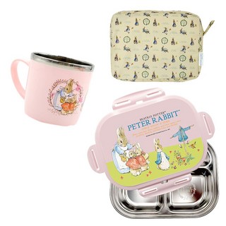 피터래빗 어린이 식기 4종 세트, 핑크, 손잡이 컵 + 뚜껑 + 스텐 식판 + 방수 가방, 1개
