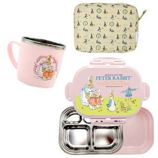 피터래빗 어린이 식기 5종 세트, 핑크, 손잡이 컵 + 뚜껑 + 스텐 식판 + 안전 밑판 + 방수 가방, 1개