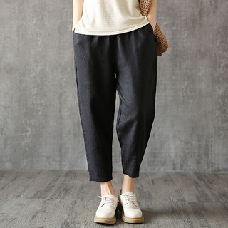 Lemon Soul 女款透氣亞麻基本款八分哈倫褲