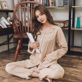GLAM GONGGAM STAY 雙層楊柳棉細格紋荷葉邊兩件式長袖純棉透氣睡衣