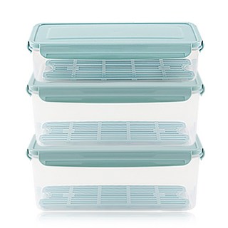 Nanu Dam 附瀝水盤長方形密封保鮮盒 薄荷綠, 1組, 1700ml+3000ml 2個