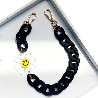 iSult 雛菊吊飾壓克力手機鍊, 黑色雛菊笑臉款, 1入