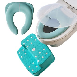孩童成人兩用馬桶坐墊+可攜式嬰兒馬桶坐墊+腳踏凳, 透明+薄荷綠