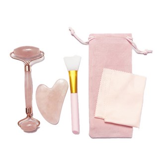 KBeauty City Jade Roller 3合1石英美顏組 玫瑰粉+天鵝絨收納袋 粉色+擦拭巾, 粉色, 1組