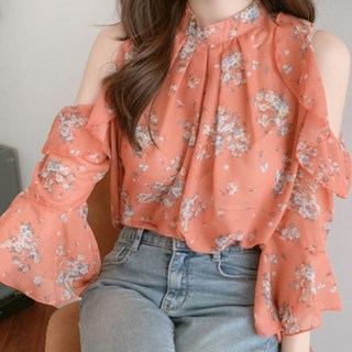 ViVEMO 清純性感透視露肩碎花罩衫 00350