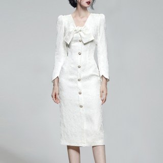 PAPERMENTS 蝴蝶結綁帶長袖禮服, 白色的