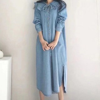 MEICHEL 牛仔抽皺蝴蝶結領開衩長版襯衫連身裙 00237, 淺藍色