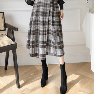 Paperments 格紋傘狀附腰帶毛呢長裙 00821