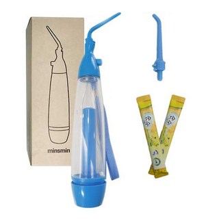 minsmin 手動加壓式沖牙器附長噴頭 藍色 70ml + 短噴頭 隨機出貨 + 無酒精漱口水 2條組, 1組