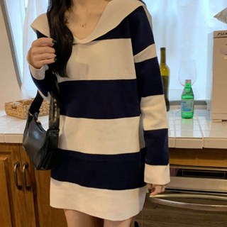 MeiChel 女款寬條紋連帽長版針織T恤