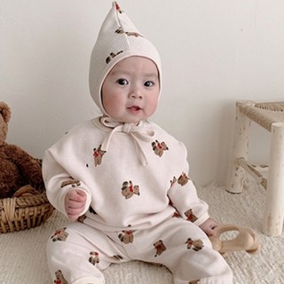 조이멀티 유아용 와플 곰돌이쿠키 상하복 보넷 세트