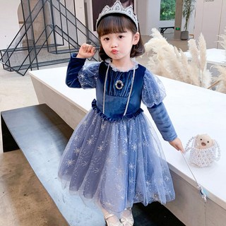 女童藍色天鵝絨長袖洋裝 + 皇冠 + 權杖組