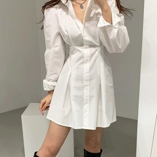 MeiChel 收腰褶皺迷你襯衫連衣裙, 白色