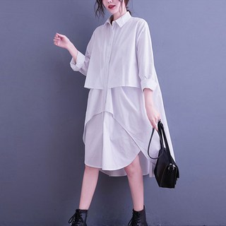 ATTERLIC 大尺碼翻領Oversize下擺不對稱長版連身裙 00589, 白色