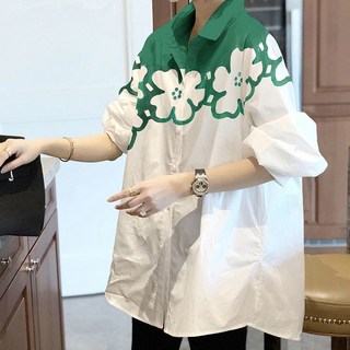 ATTERLIC 女款大花朵寬鬆版開衩中長版襯衫 00691