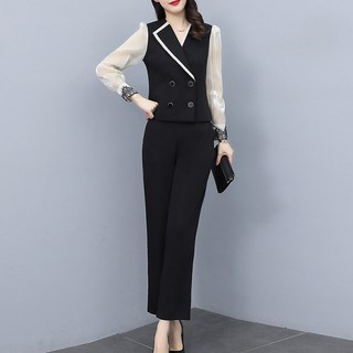 ATTERLIC V領雙排扣透膚袖修身長褲兩件式套裝 00703