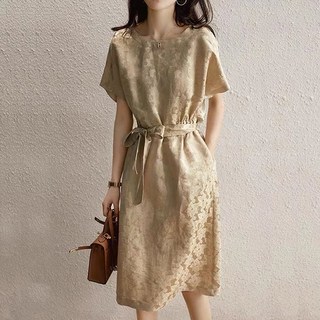 PAPERMENTS 印花綁帶圓領短袖連身裙, 米色