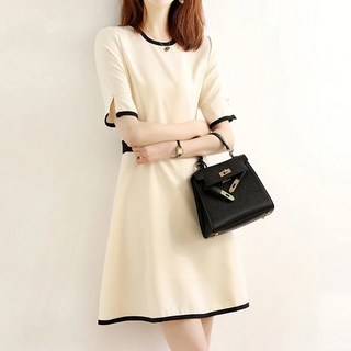 Paperments 撞色線條日常喇叭迷你連身裙 01780 含大尺碼, 米色