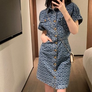 ViVEMO 女款夏季小香風幾何圖案牛仔連身裙 01304, 藍色