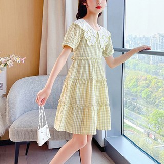 Orange Damom 女童雙邊花朵領格紋連身裙 + 包包組合