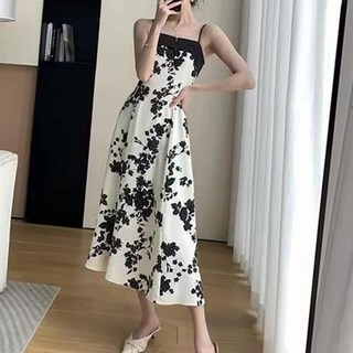 Vivemo 黑玫瑰印花細肩帶連衣裙, 黑色