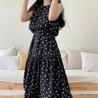 女款圓點圖案背心式連身長裙, 黑色