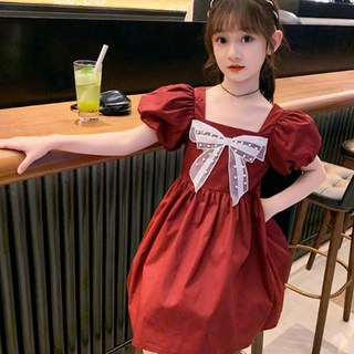 Orenjidamom 女童珍珠網紗蝴蝶結泡泡袖洋裝