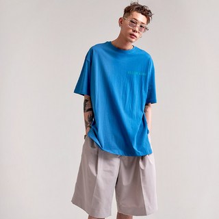 ELLENASSY 男女通用 20支 森林朋友 側開衩 寬鬆版型 透氣 短袖T恤, 空軍藍