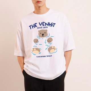 VENHIT 中性款游泳熊大尺碼短袖T恤, 白色