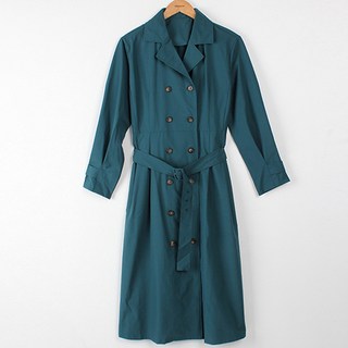 BBAEBBAE 女款後鬆緊帶雙褶風衣式長版洋裝 + 腰帶套組, 藍綠色