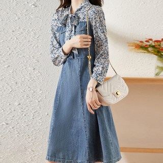 PAPERMENTS 女款碎花絲帶領牛仔剪裁連身短裙 02523, 牛仔