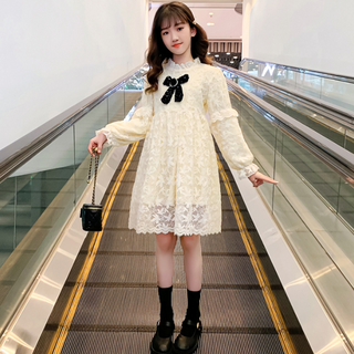 Orenjidamom 女童黑色珠飾絲帶花朵網紗連衣裙