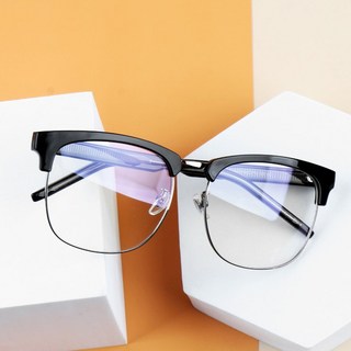 BEIMA 防電磁波 抗紫外線 抗藍光 男女 半牛角框 半框 時尚 大尺寸 金屬條 眉架框 眼鏡 銀黑色 含鏡片