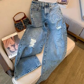 MeiChel 女款小熊刺繡直筒牛仔褲