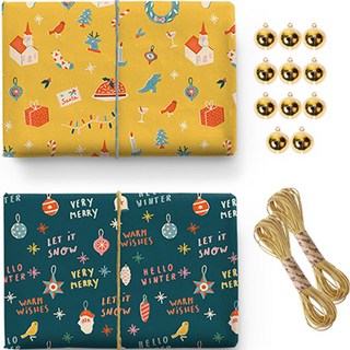 indi.k 聖誕快樂包裝紙 5入 + 聖誕樹裝飾包裝紙 5入 + 沙金色金蔥繩 2入 + 金色大鈴鐺 10入 套組, 1套, 混合顏色