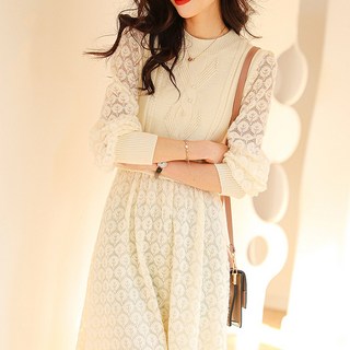 Paperments 珍珠腰帶針織蕾絲優雅連身裙 03135, 白色