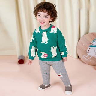 milk mile 童款活潑風蘋果小熊插圖極致柔軟刷毛長袖上衣+長褲組