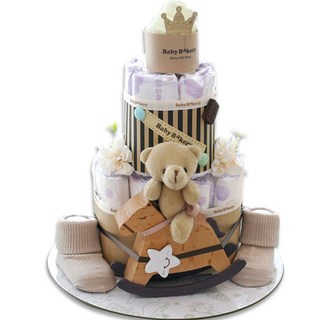 babybakery 幼兒用騎木馬小熊2層尿布蛋糕 週歲禮, 白色, 米色, 棕色, 1個