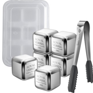 ROYAL VERREL 不鏽鋼冰塊 6入 + 專用夾 + 專用盒套組, 1套