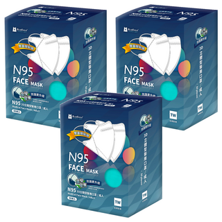 BLUE EAGLE 藍鷹牌 成人N95立體型醫用口罩 鼻樑壓條款, 花青綠, 50片, 3盒
