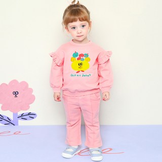 milk mile 童款蘋果小熊插圖荷葉邊裝飾長袖上衣+喇叭褲組