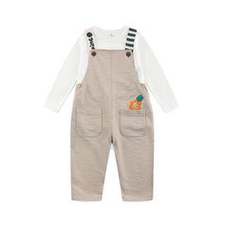 milk mile 童款笑臉與雛菊刺繡工裝風條紋吊帶褲