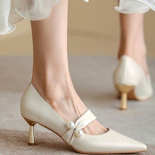 Paperments 簡約珍珠金屬鞋跟婚禮派對細高跟鞋 01125