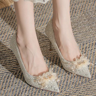 Paperments 水晶雪紡花朵自助婚禮派對鞋高跟鞋 01129 8cm