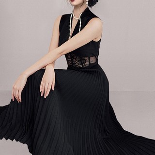 ViVEMO 女款深V領晚禮服百褶連身裙 02791, 黑色