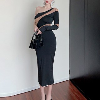 ViVEMO 夜店派對裝 單肩性感網紗透視修身連身裙 02863, 黑色