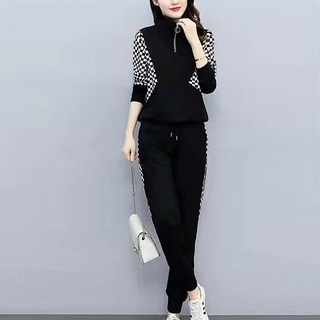 Goodif 女款棋盤格半拉鍊長褲運動服套裝