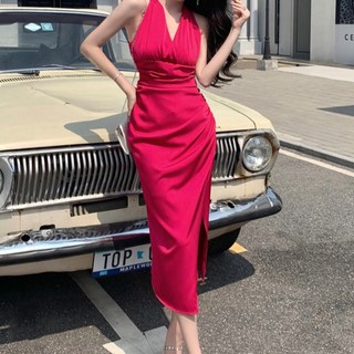 ViVEMO 茱麗葉削肩抓皺無袖開衩連身裙 03427, 桃紅色